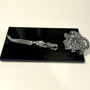 Arthur Court Black Aluminum Grape Cheese Knife & Marble Board Serving Set 11”X6”